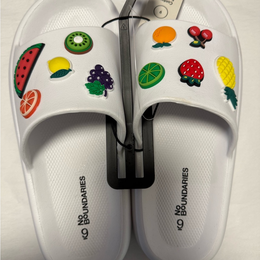 BRAND NEW No Boundaries White Fruit Slide Sandals